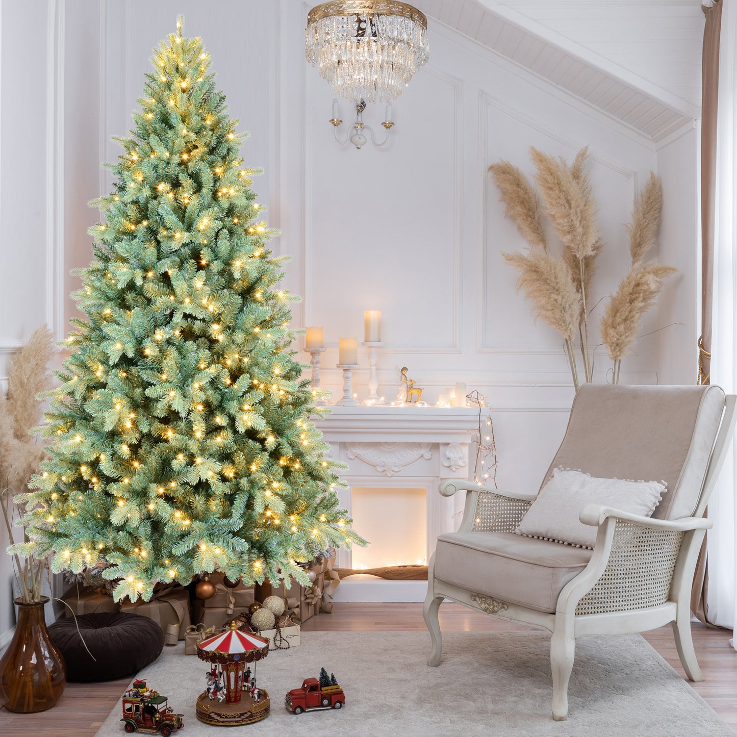 9FT Blue-Green Tint PE/PVC Christmas Tree with 800 Warm White LED Lights – 3268 Tips, Hinged Branch Design, Full Natural Look, Metal Stand, Easy Assembly Holiday Decoration