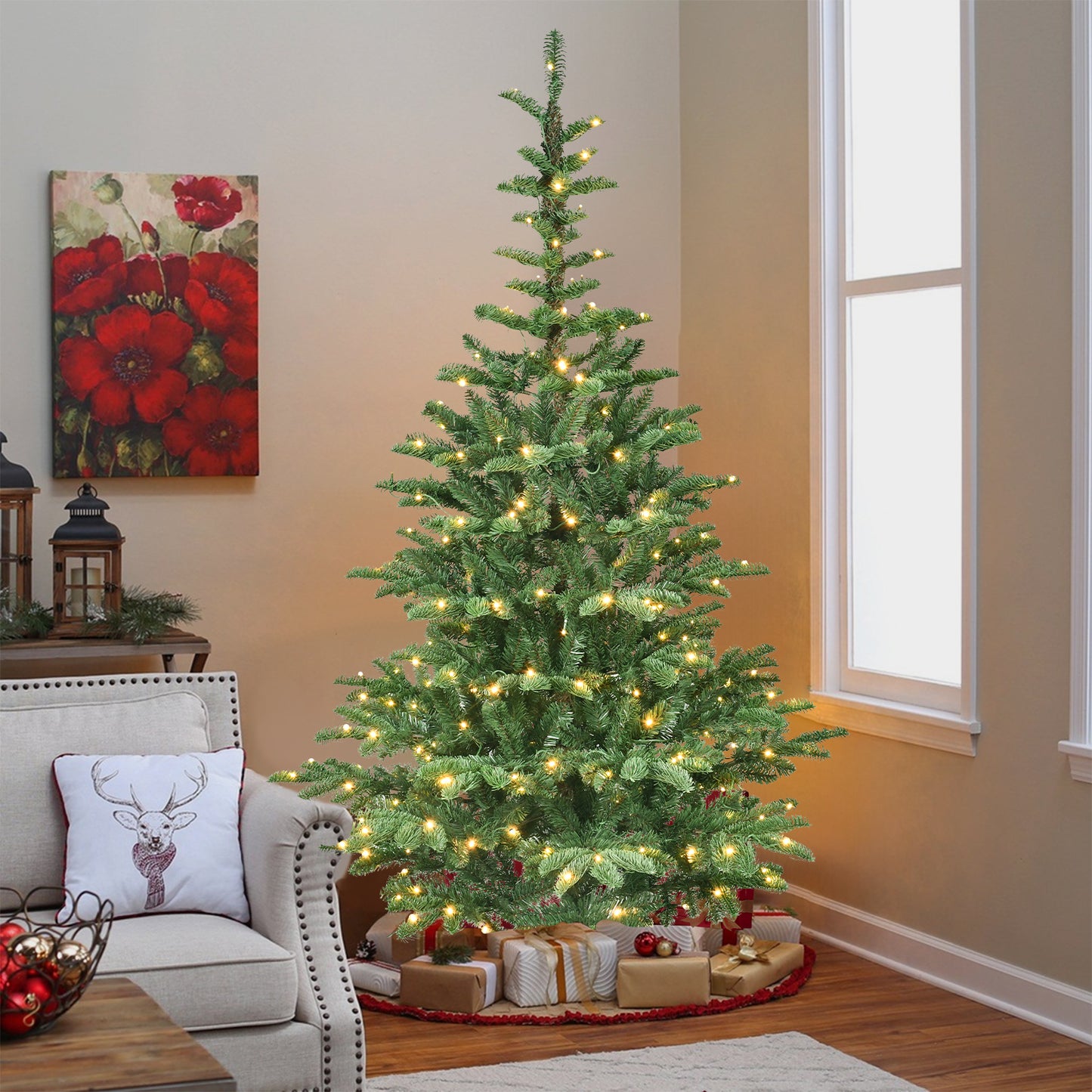 8ft Pre-Lit Christmas Tree with 500 Warm White LED Lights, 1307 PE+PVC Tips, Realistic Layered Look, Unique Wooden Base – Full Artificial Holiday Tree for Home Decor