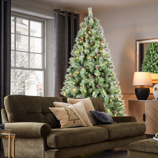 9FT Christmas Tree with 700 Warm White LED Lights – 2518 PVC & Hard Needle Tips, 122 Pine Cones, Hinged Branch Design, Sturdy Metal Stand – Full Realistic Holiday Tree