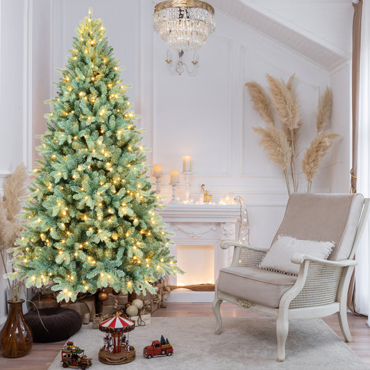 9FT Blue-Green Tint PE/PVC Christmas Tree with 800 Warm White LED Lights – 3268 Tips, Hinged Branch Design, Full Natural Look, Metal Stand, Easy Assembly Holiday Decoration