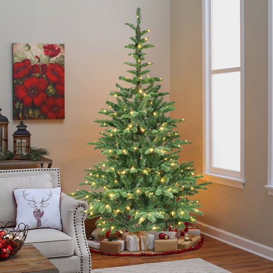 8ft Pre-Lit Christmas Tree with 500 Warm White LED Lights, 1307 PE+PVC Tips, Realistic Layered Look, Unique Wooden Base – Full Artificial Holiday Tree for Home Decor