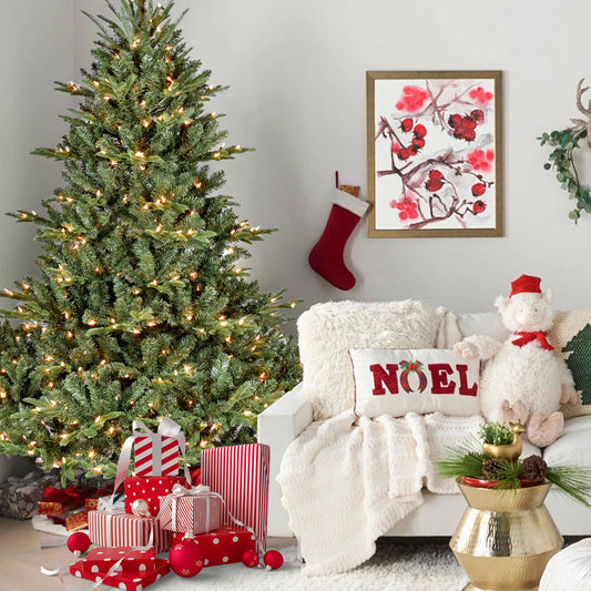 8FT Full-Shape Christmas Tree with 900 UL Lights – PE/PVC Mixed Branches, 2673Tips, Wide Base for Spacious Areas, Hinged Structure, Stable Metal Stand