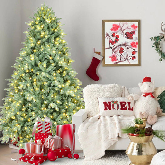 8FT Blue-Green Tint Pre-Lit Christmas Tree with 900 Warm White LED Lights – 3308 PE+PVC Tips, Hinged Branches for Easy Setup, Sturdy Metal Stand, Unique Holiday Decoration