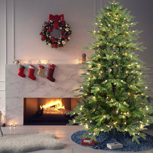 7.5FT Green PVC+PE Christmas Tree with 450 Warm White UL Lights – 2856Tips, Hinged Branch Design, Realistic Needles, Sturdy Metal Stand, Easy Assembly