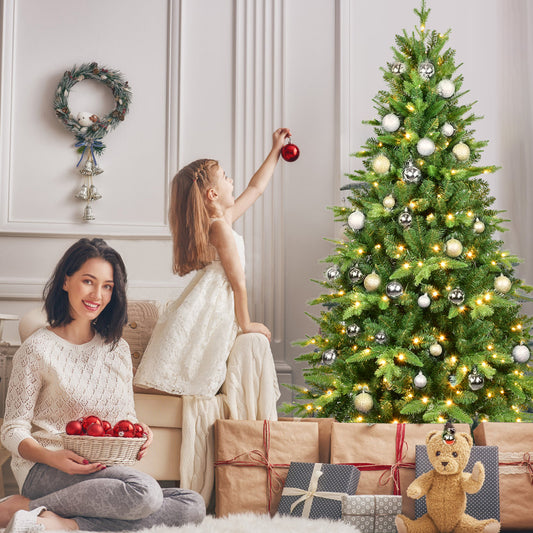 8ft Pre-Lit Christmas Tree with 600 Warm White LED Lights, 2268 Tips Realistic PE+PVC Hinged Tree with Metal Stand, Full Artificial Xmas Tree for Holiday Decoration