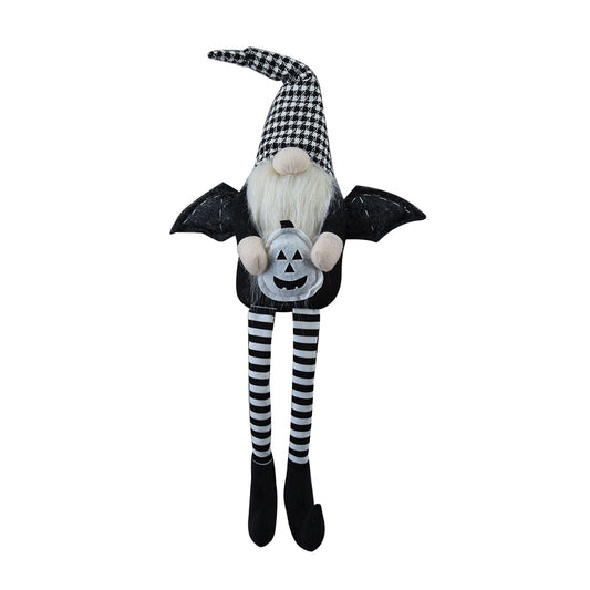4.3x3.5x23.5' Fabric Sitting Black Gnome With Wings & Black-White Plaid Hat, for Halloween Decor