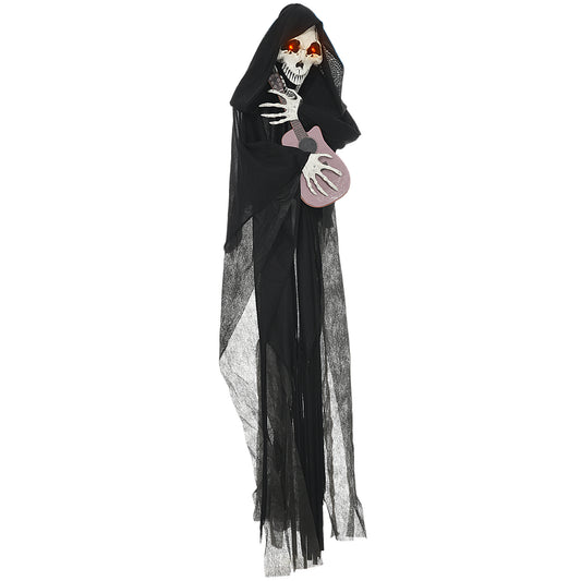 HOMCOM 4.3' Outdoor Halloween Decoration Animatronic Guitar-playing Grim Reaper, Sound and Motion Activated Animated Prop with Light Up Eyes & Guitar Music