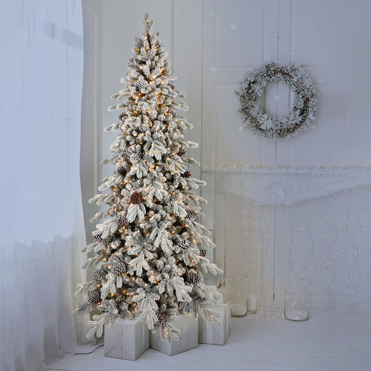 8FT Flocked PE/PVC Christmas Tree with 1000 Warm White LED Lights – 1634 Tips, 44 Natural Pine Cones, Snowy Effect, Hinged Branches, Metal Stand