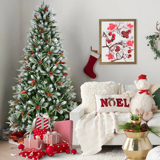9FT Christmas Tree with 3750 Tips, Red Berries & Pine Cones – Snow-Dusted PE+PVC Branches, Hinged Design for Easy Setup, Sturdy Metal Stand – Full, Natural Holiday Tree Decoration