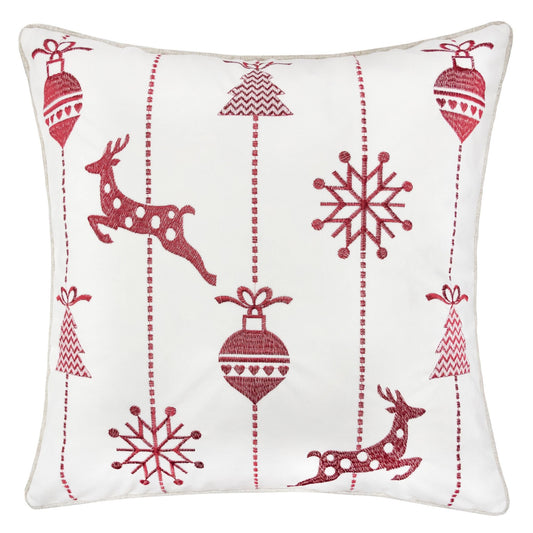 White Christmas Throw Pillow 20x20 with Red Embroidered Reindeer and Snowflakes