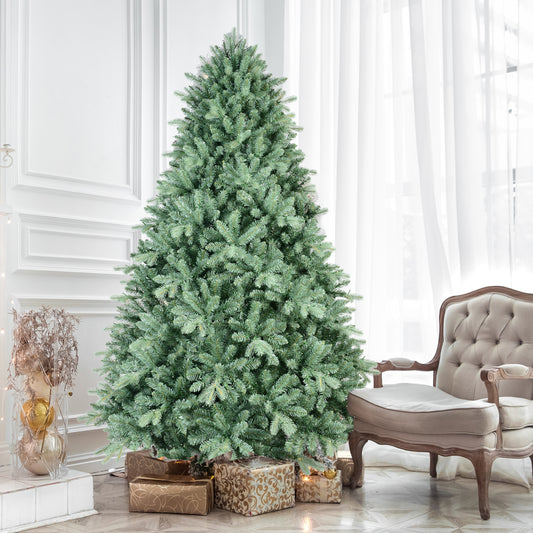 9FT Blue-Green Tint Christmas Tree with 4368 PE+PVC Tips – Unique Full-Bodied Tree with Hinged Branches, Easy Assembly, Stable Metal Stand, Eye-Catching Holiday Decor