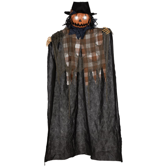 HOMCOM 6' Life Size Halloween Hanging Pumpkin Ghost Decoration, Light-up Eyes and Creepy Talking, Sound Activated Prop for Indoor or Covered Outdoor Porch, Battery Operated