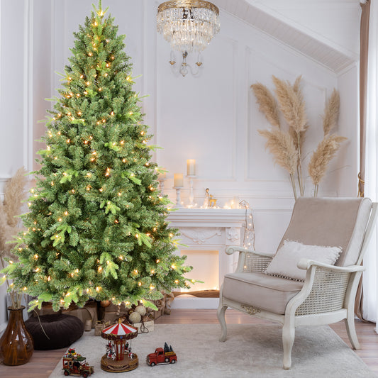 9FT Pre-Lit Christmas Tree with 800 UL Warm White Lights – Classic Green Tree with 3410 PE+PVC Tips, Hinged Branches for Easy Setup, Sturdy Metal Stand, Realistic Full Look