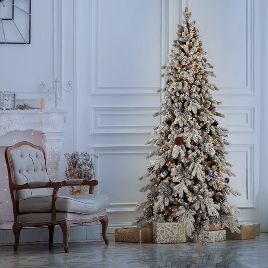9FT Flocked PE/PVC Christmas Tree with 1250 Warm White LED Lights – 2138 Tips, 52 Natural Pine Cones, Snowy Effect, Hinged Branches, Metal Stand