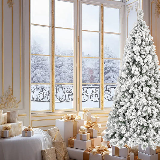 9FT Flocked Christmas Tree with 1964 Tips – Snowy PVC & Hard Needle Branches, Hinged Structure for Easy Setup, Stable Metal Stand – Realistic Full-Body Holiday Tree